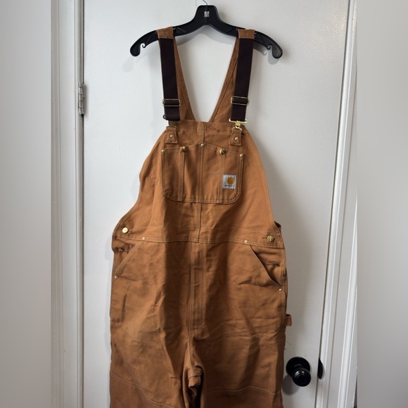 Vintage 90s Carhartt Tan Worker Cargo Double Knee Overalls 42 X 34 - Picture 2 of 9
